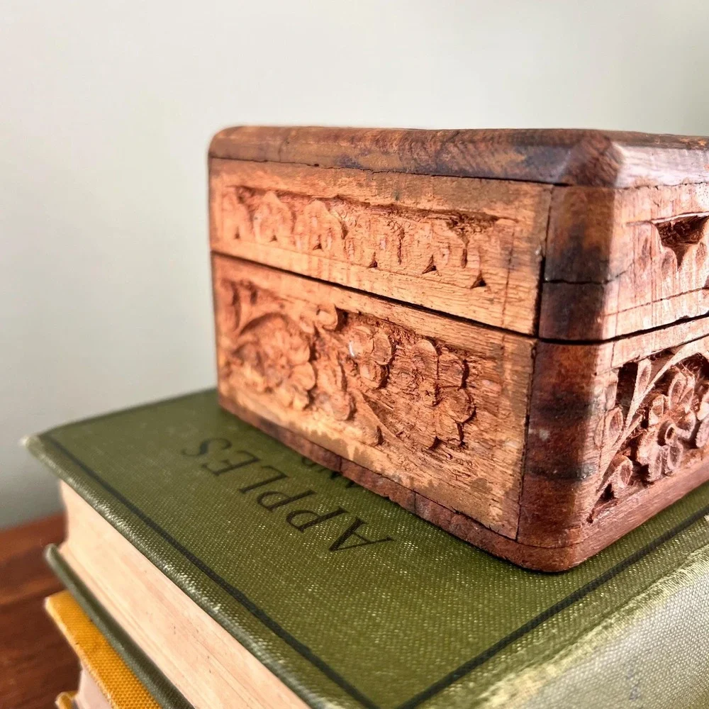 Vintage Hand Carved Wood Jewelry Box With  Inlay Floral Trinket Box Cottage Boho